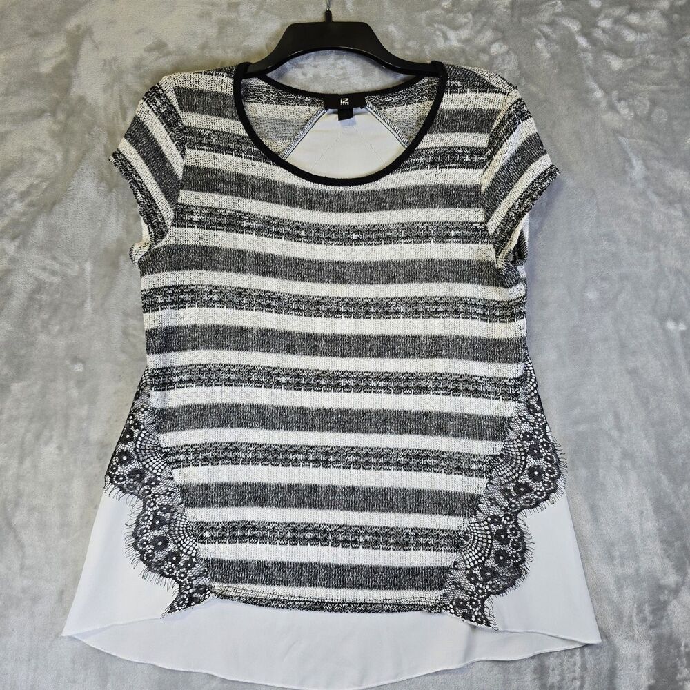 Iz Byer Blouse Shirt Large Black Lace Trim White Chiffon Back Whimsigoth